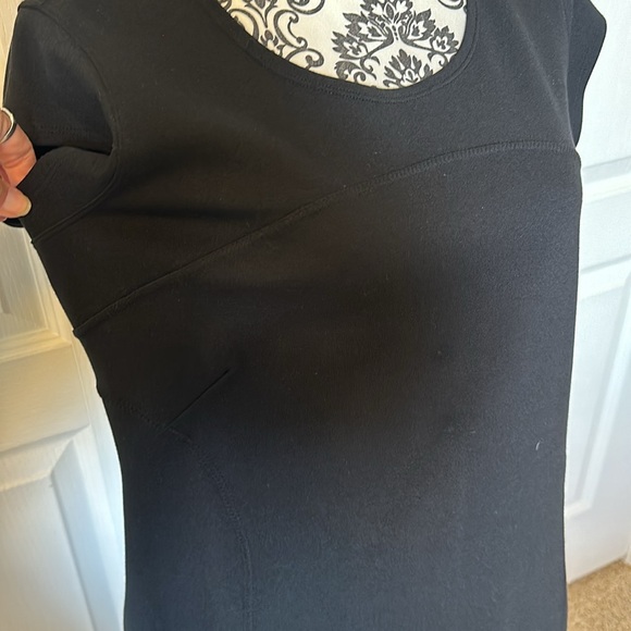 Black Athleta Ponte Illusion Dress, Crew neckline, Cap Sleeves, V back - Picture 3 of 7